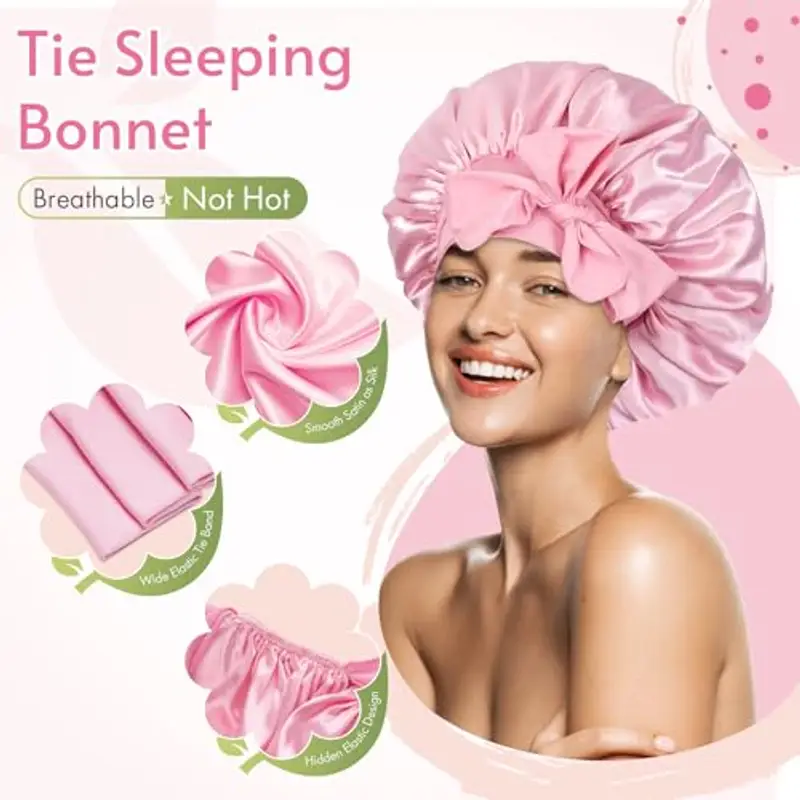 BONNET QUEEN Cuffia Seta Capelli Notte Regolabili Cuffia Capelli Ricci Bonnet con Lacci Lunghi Morbida e Protettiva Anti-Crespo, Rosa miniatura 3