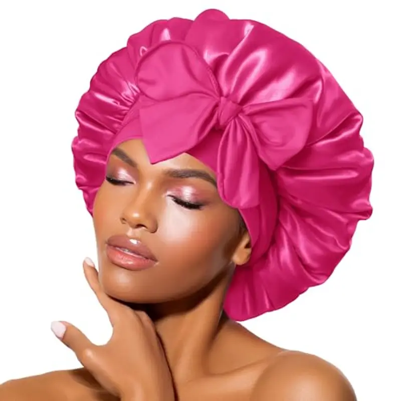 BONNET QUEEN Cuffia Seta Capelli Notte Regolabili Cuffia Capelli Ricci Bonnet con Lacci Lunghi Morbida e Protettiva Anti-Crespo, Rosa Caldo