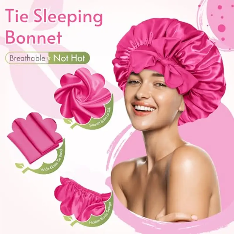 BONNET QUEEN Cuffia Seta Capelli Notte Regolabili Cuffia Capelli Ricci Bonnet con Lacci Lunghi Morbida e Protettiva Anti-Crespo, Rosa Caldo miniatura 3