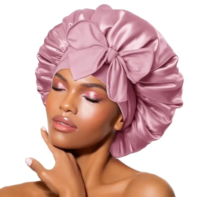 BONNET QUEEN Cuffia Seta Capelli Notte Regolabili Cuffia Capelli Ricci Bonnet con Lacci Lunghi Morbida e Protettiva Anti-crespo, Rosa Doro Chiaro