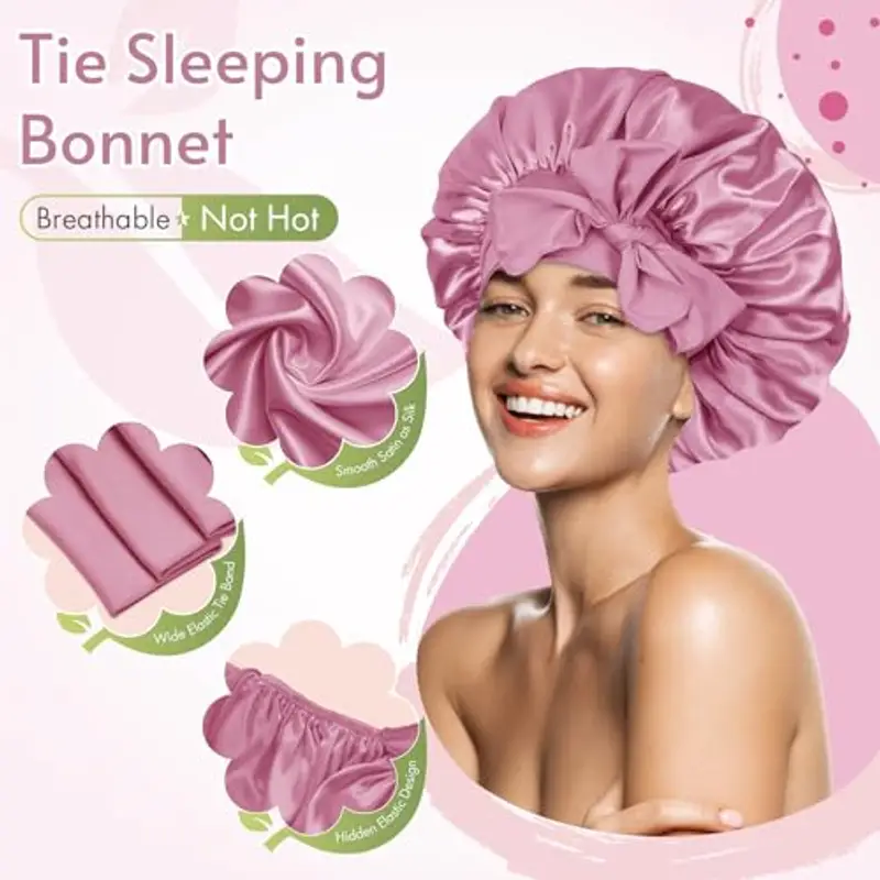 BONNET QUEEN Cuffia Seta Capelli Notte Regolabili Cuffia Capelli Ricci Bonnet con Lacci Lunghi Morbida e Protettiva Anti-crespo, Rosa Doro Chiaro miniatura 3