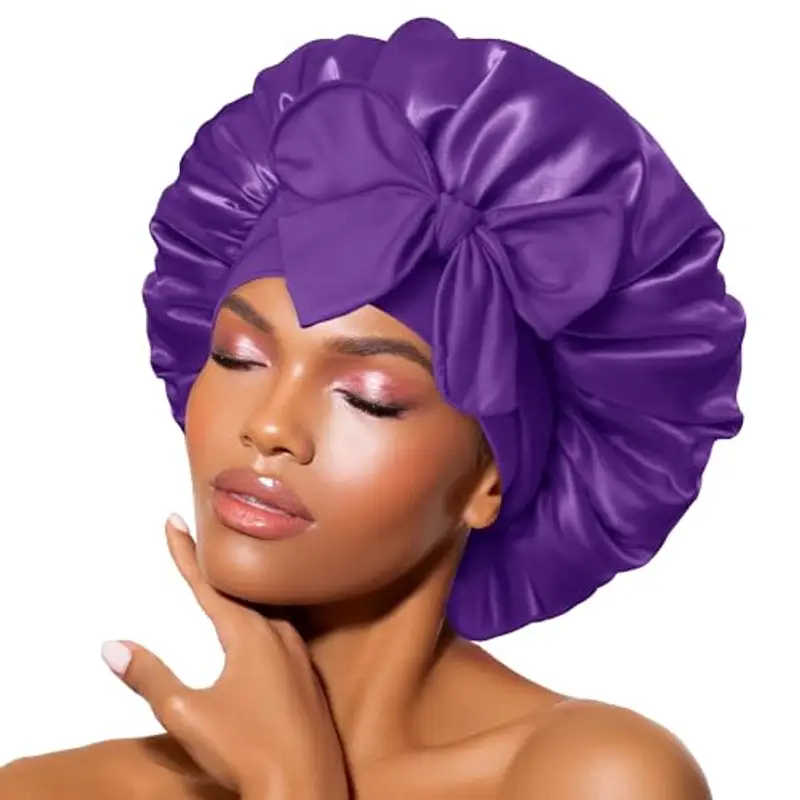 BONNET QUEEN Cuffia Seta Capelli Notte Regolabili Cuffia Capelli Ricci Bonnet con Lacci Lunghi Morbida e Protettiva Anti-crespo, Viola Profondo