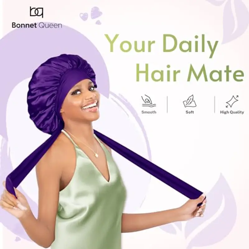 BONNET QUEEN Cuffia Seta Capelli Notte Regolabili Cuffia Capelli Ricci Bonnet con Lacci Lunghi Morbida e Protettiva Anti-crespo, Viola Profondo miniatura 2