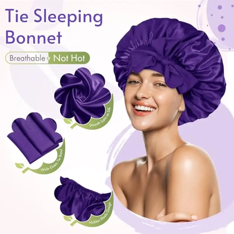 BONNET QUEEN Cuffia Seta Capelli Notte Regolabili Cuffia Capelli Ricci Bonnet con Lacci Lunghi Morbida e Protettiva Anti-crespo, Viola Profondo miniatura 3