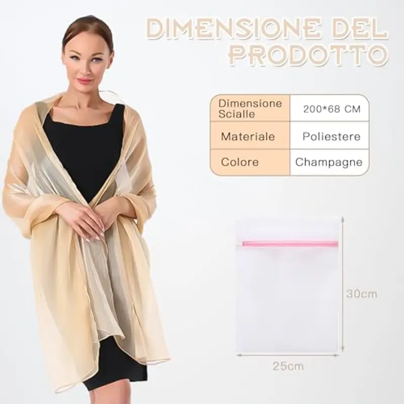 BORISCA Champagne Stola Elegante Donna Cerimonia, 200cm*68cm Scialle Cerimonia, Scialle Elegante Donna cerimonia con miniatura 2