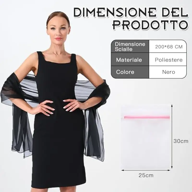 BORISCA Nera Stola Elegante Donna Cerimonia, 200cm*68cm Scialle Cerimonia, Scialle Elegante Donna cerimonia con Borsa miniatura 2