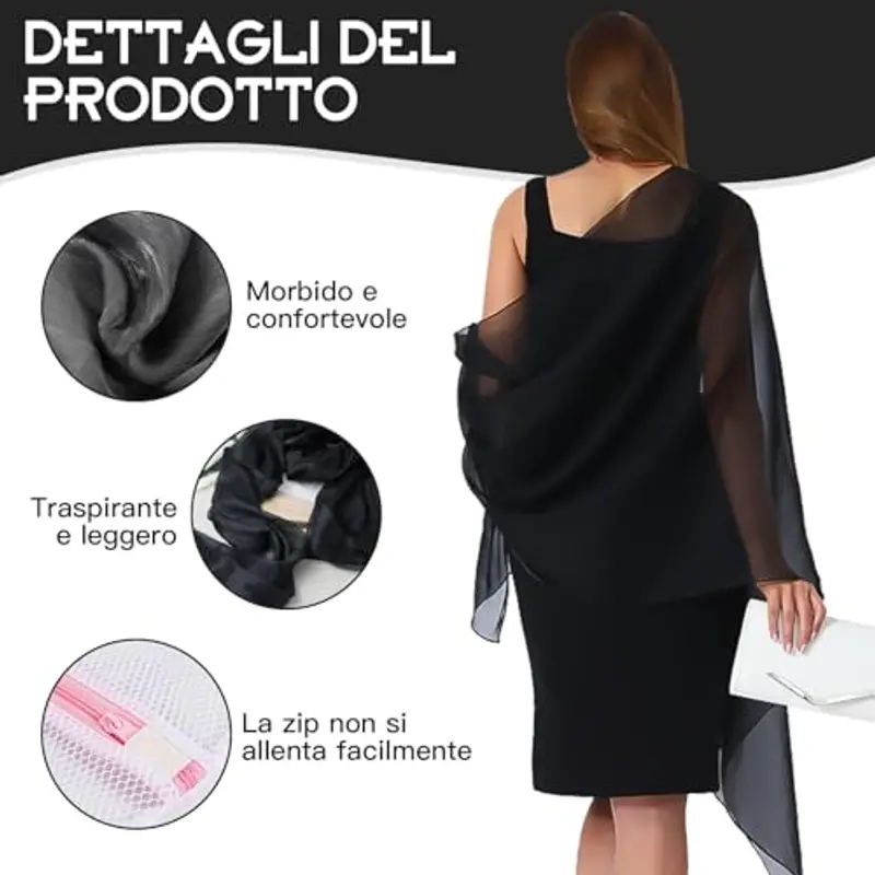 BORISCA Nera Stola Elegante Donna Cerimonia, 200cm*68cm Scialle Cerimonia, Scialle Elegante Donna cerimonia con Borsa miniatura 3