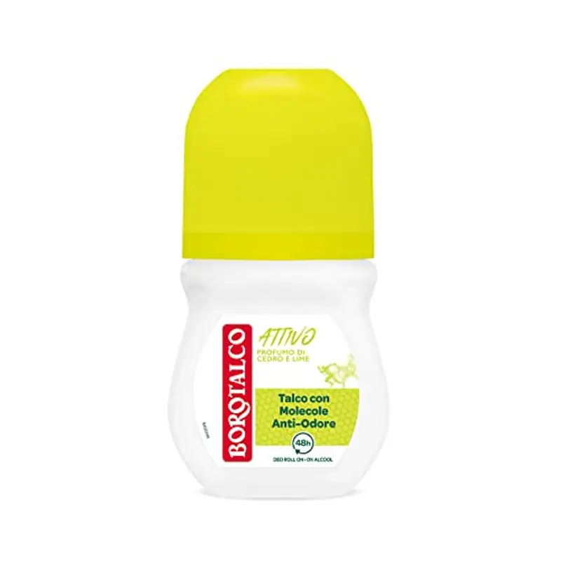 Borotalco, Deodorante Roll On Attivo Giallo, Formula Senza Alcool e con Talco con Molecole Anti-Odore, Efficacia Fresca, 48h di Efficacia, Profumo di Cedro e Lime - 1 Flacone da 50 ml