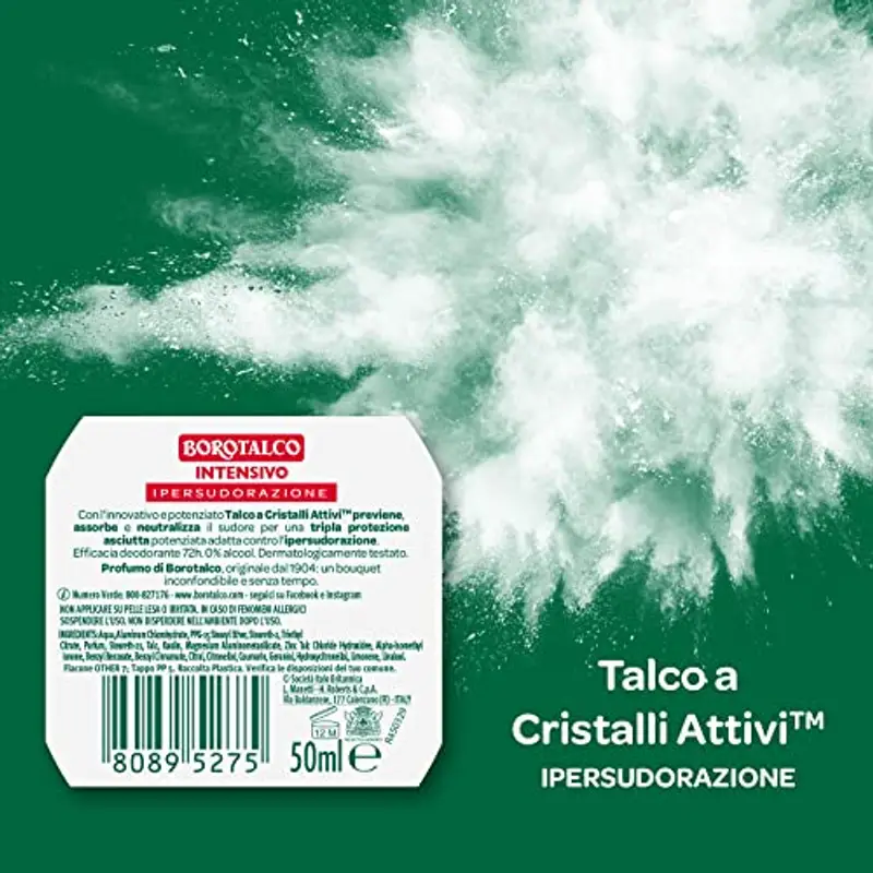 Borotalco, Deodorante Roll On Intensivo, Formula Senza Alcool e con Talco a Cristalli Attivi, Ipersudorazione, Profumo di Borotalco, 72h di Efficacia - 1 Flacone da 50 ml miniatura 2