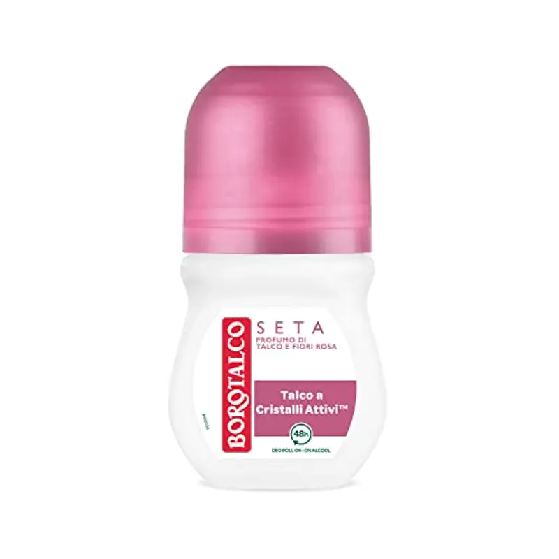 Borotalco, Deodorante Roll On Seta, Formula Senza Alcool e con Talco a Cristalli Attivi, Tripla Protezione Asciutta, Profumo di Talco e Fiori Rosa, 48h di Efficacia - 1 Flacone da 50 ml