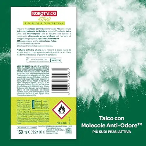 Borotalco, Deodorante Spray Attivo Giallo, Talco con Molecole Anti-Odore, Efficacia Fresca, 48h efficacia, Senza miniatura 2