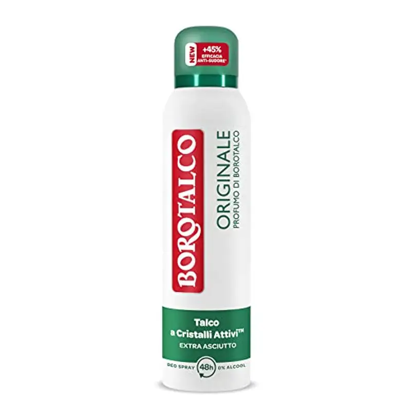 Borotalco, Deodorante Spray Originale, Formula Senza Alcool con Talco a Cristalli Attivi, Assorbe il Sudore, Profumo Borotalco, 48h di Efficacia - 1 Flacone da 150 ml