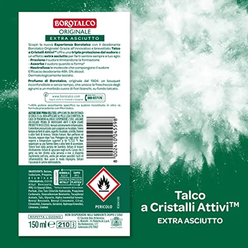 Borotalco, Deodorante Spray Originale, Formula Senza Alcool con Talco a Cristalli Attivi, Assorbe il Sudore, Profumo Borotalco, 48h di Efficacia - 1 Flacone da 150 ml miniatura 2