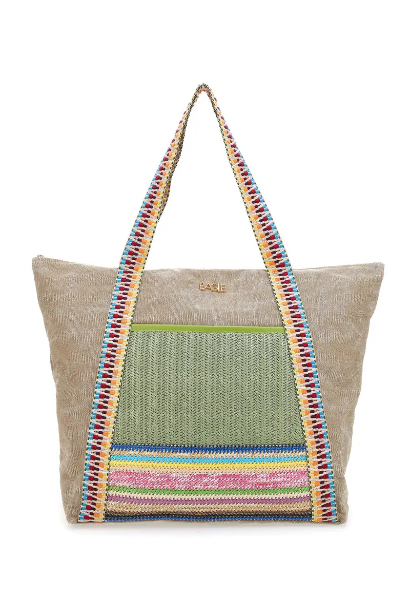 Borsa beige con inserti colorati e manici multicolor Basile BA22101