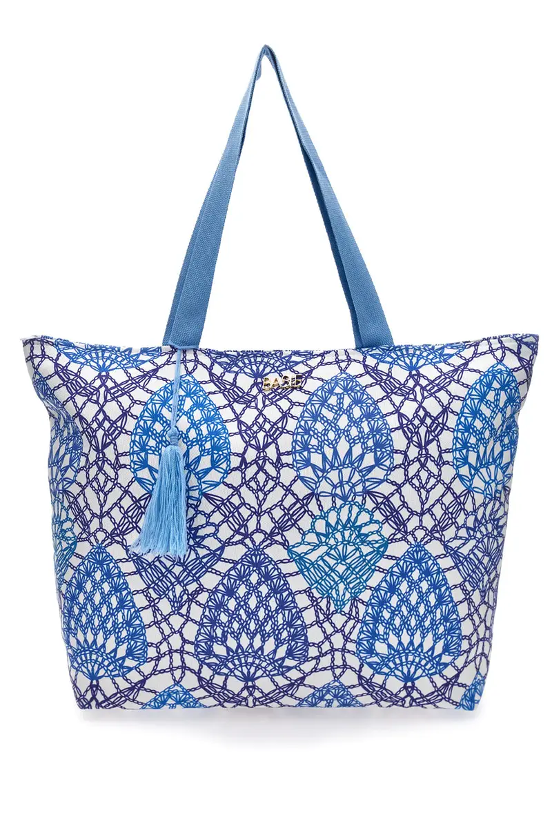 Borsa bianca e blu con fantasia geometrica e nappina Basile BA22152