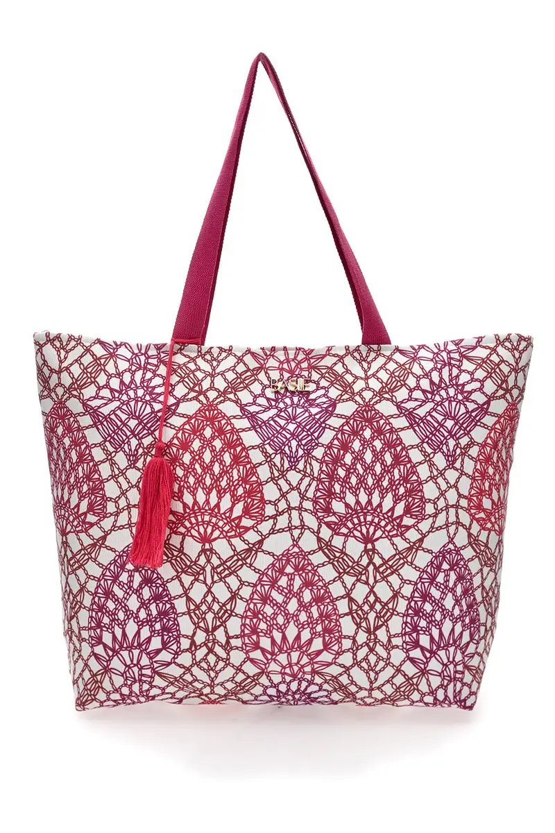 Borsa bianca e fuxia con fantasia geometrica e nappina Basile BA22152