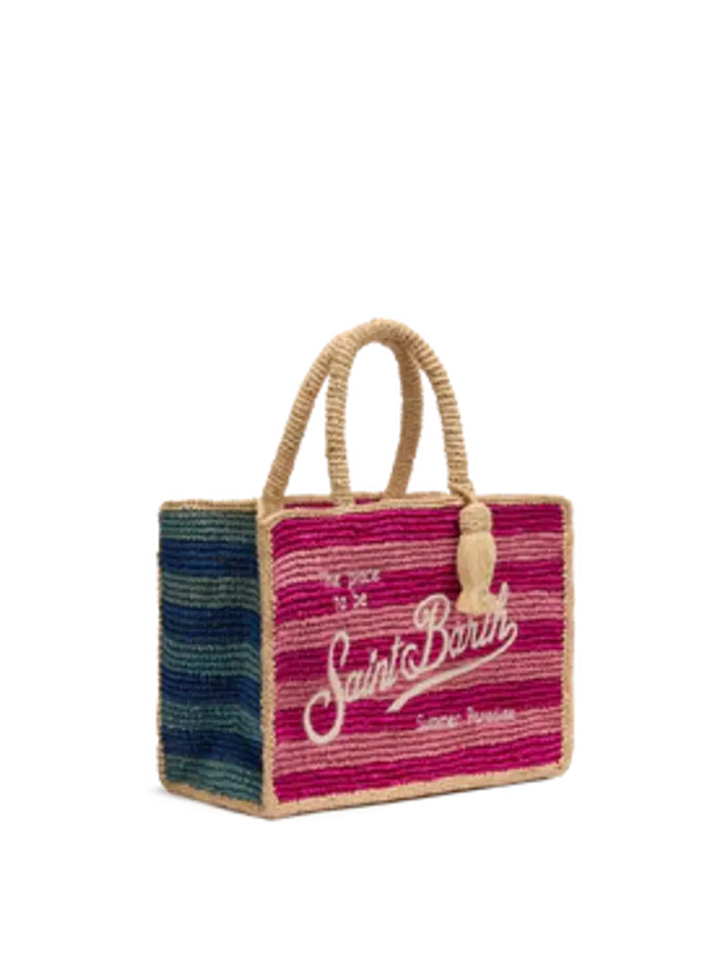 Borsa Colette in rafia a righe fuxia e logo miniatura 3