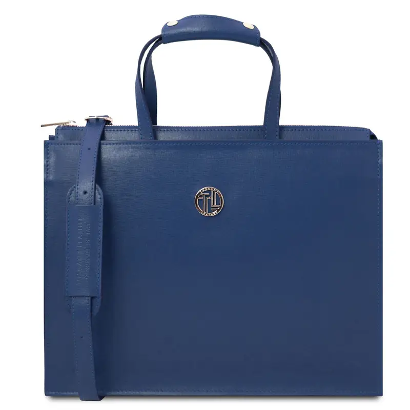 Borsa da lavoro in pelle Saffiano da donna 3 scomparti Blu scuro