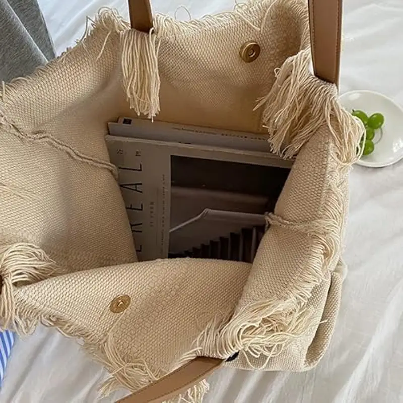 Borsa da Spiaggia di Grande Capacità - Tela, a Mano, da Donna, a Tracolla, Nuova, 40 * 12 * 32cm (Cachi) miniatura 3