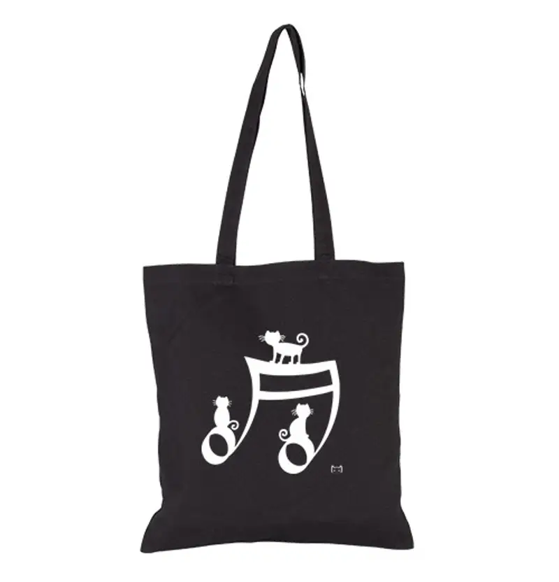 Borsa di tela gatti sulla nota musicale su bianco
