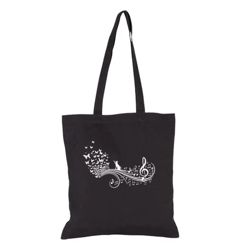 Borsa di tela note musicali con gatto e farfalle