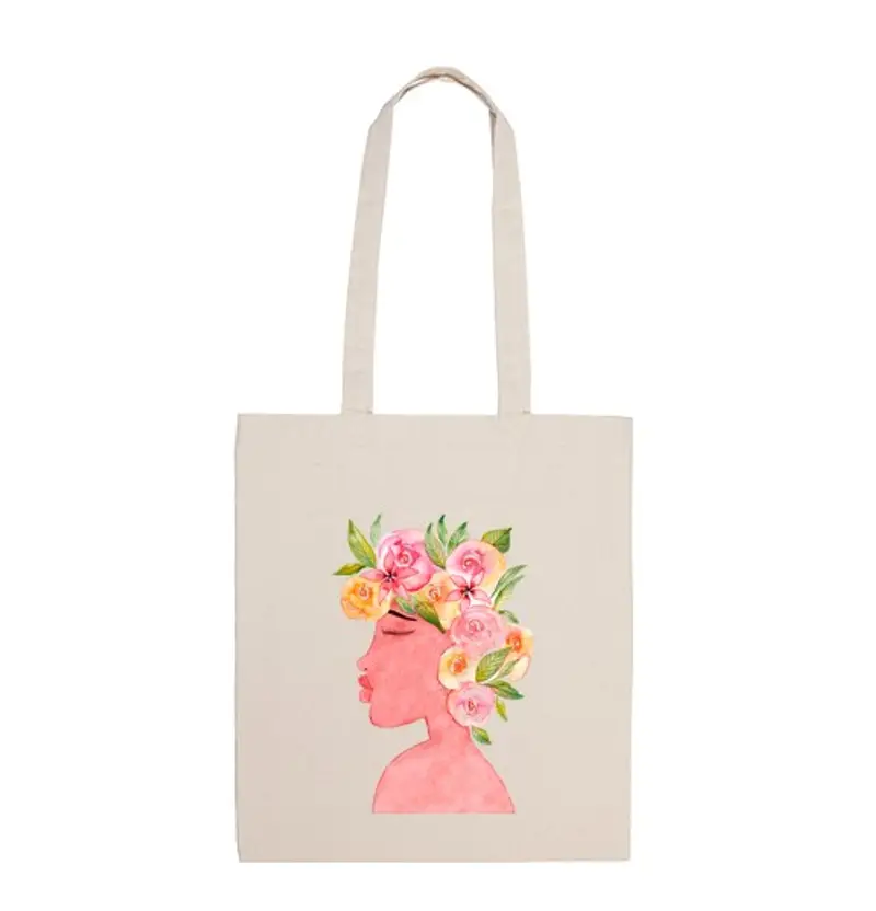 Borsa di tela tote bag, colore naturale, donna africana acquerello