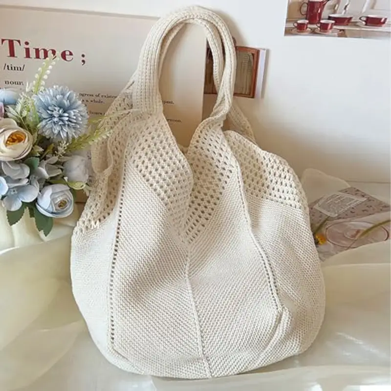 Borsa Donna a Spalla in Maglia - Borsa Mare Boho per Spiaggia, Vacanze e Shopping, Borse Tote Hobo Intrecciate, Borsa Paglia da Spiaggia (Bianco) miniatura 2