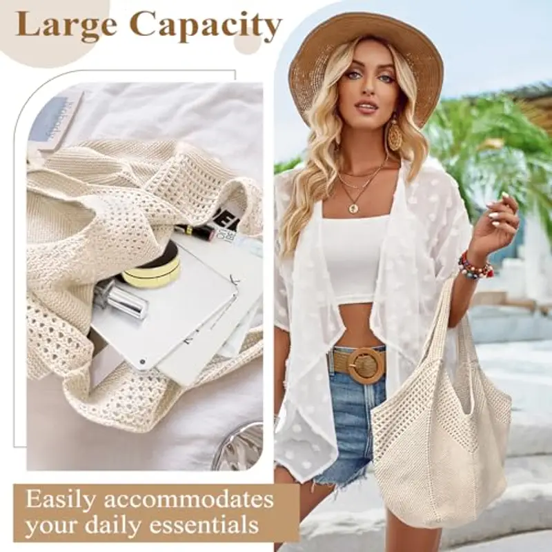 Borsa Donna a Spalla in Maglia - Borsa Mare Boho per Spiaggia, Vacanze e Shopping, Borse Tote Hobo Intrecciate, Borsa Paglia da Spiaggia (Bianco) miniatura 3