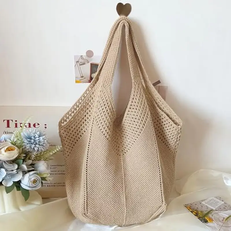 Borsa Donna a Spalla in Maglia - Borsa Mare Boho per Spiaggia, Vacanze e Shopping, Borse Tote Hobo Intrecciate, Borsa Paglia da Spiaggia (Cachi) miniatura 2