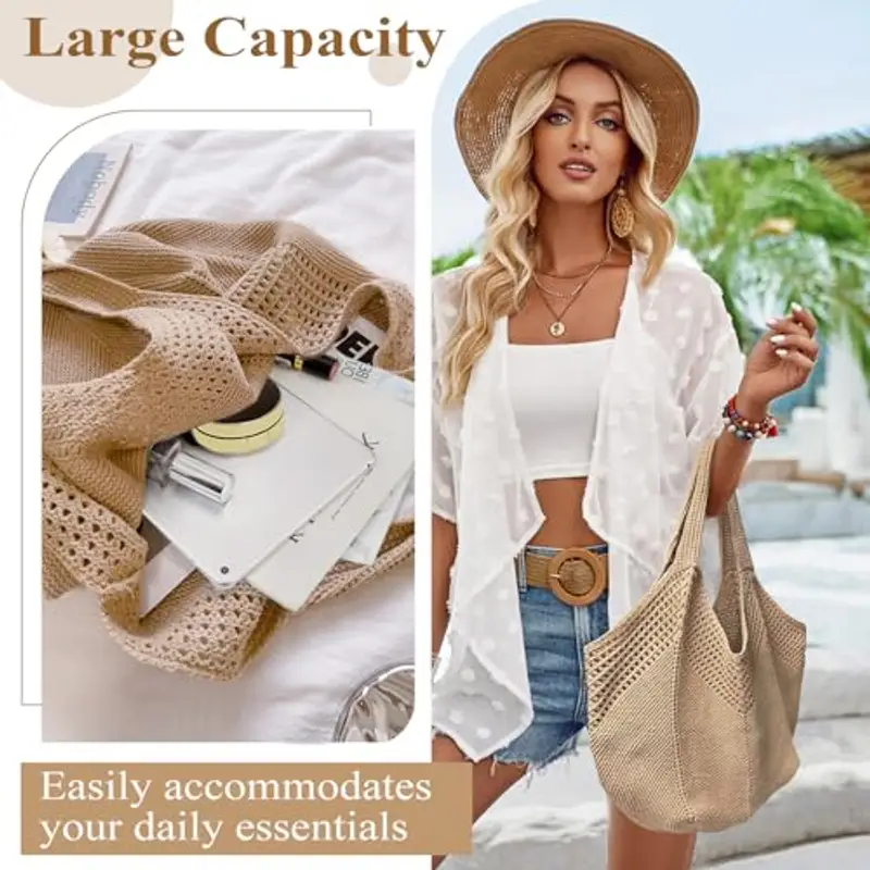 Borsa Donna a Spalla in Maglia - Borsa Mare Boho per Spiaggia, Vacanze e Shopping, Borse Tote Hobo Intrecciate, Borsa Paglia da Spiaggia (Cachi) miniatura 3