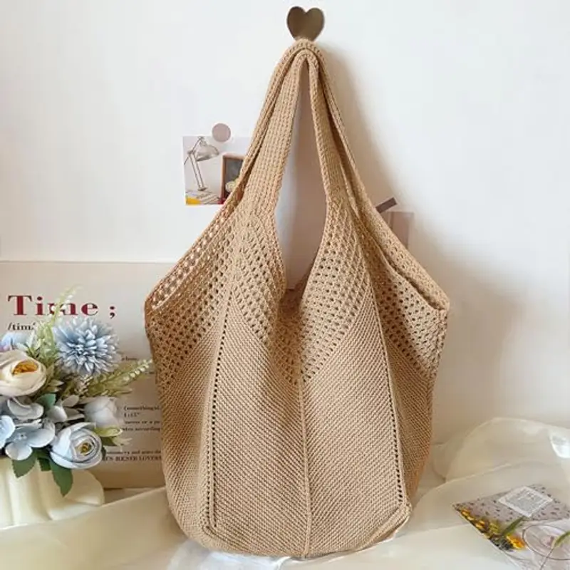 Borsa Donna a Spalla in Maglia - Borsa Mare Boho per Spiaggia, Vacanze e Shopping, Borse Tote Hobo Intrecciate, Borsa Paglia da Spiaggia (Marrone) miniatura 2