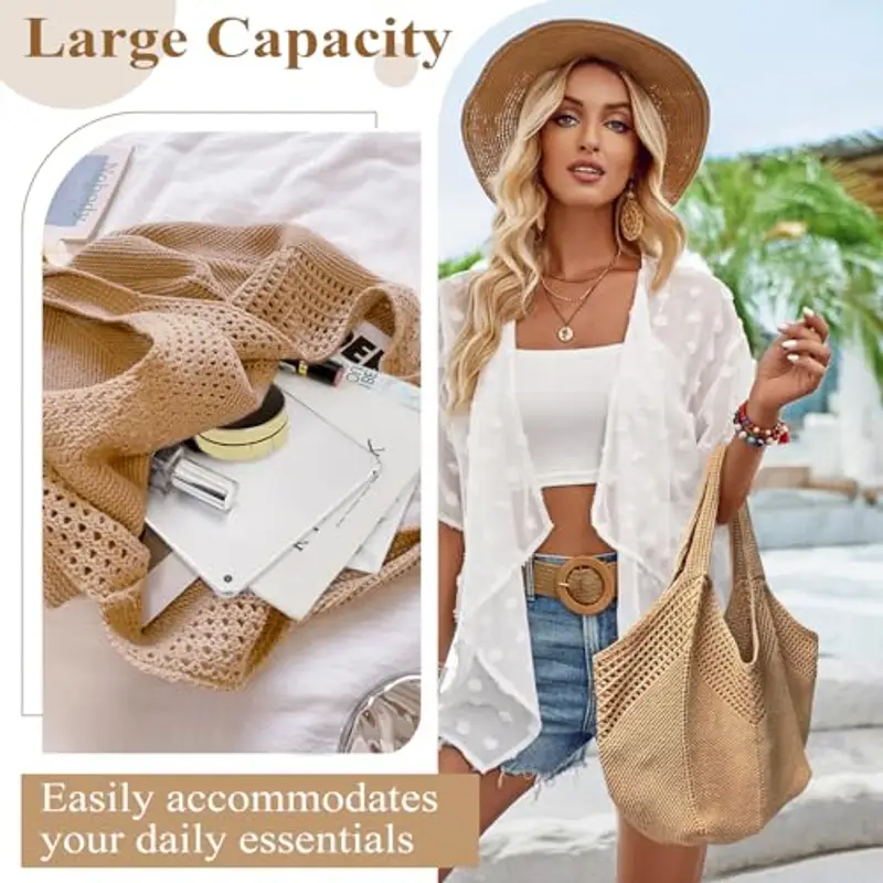 Borsa Donna a Spalla in Maglia - Borsa Mare Boho per Spiaggia, Vacanze e Shopping, Borse Tote Hobo Intrecciate, Borsa Paglia da Spiaggia (Marrone) miniatura 3