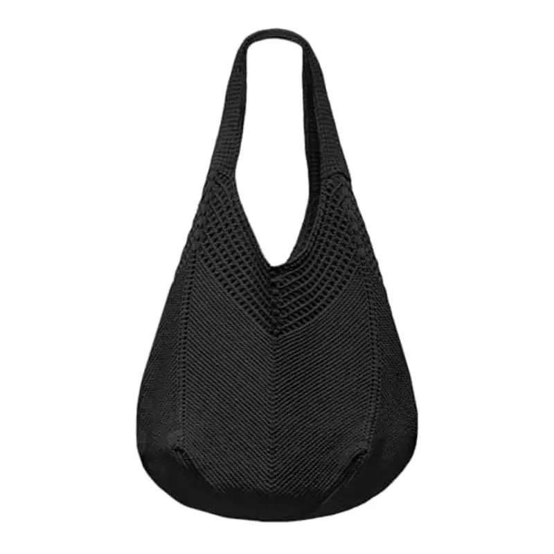 Borsa Donna a Spalla in Maglia - Borsa Mare Boho per Spiaggia, Vacanze e Shopping, Borse Tote Hobo Intrecciate, Borsa Paglia da Spiaggia (Nero)
