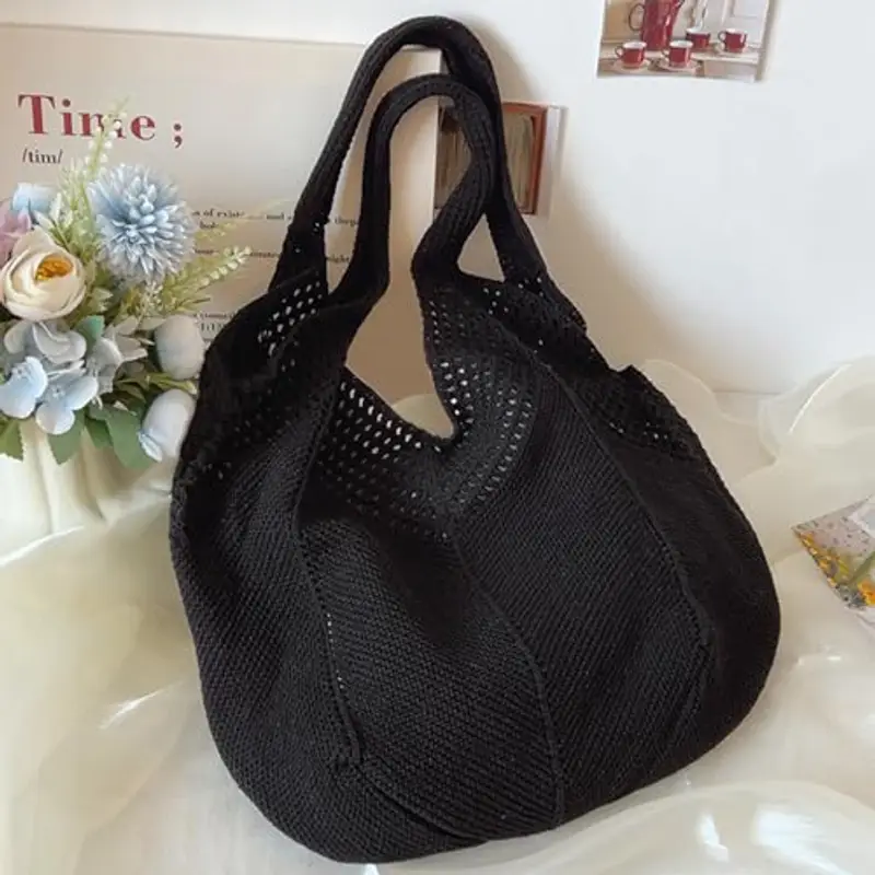Borsa Donna a Spalla in Maglia - Borsa Mare Boho per Spiaggia, Vacanze e Shopping, Borse Tote Hobo Intrecciate, Borsa Paglia da Spiaggia (Nero) miniatura 2