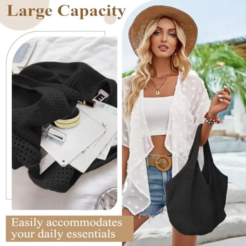 Borsa Donna a Spalla in Maglia - Borsa Mare Boho per Spiaggia, Vacanze e Shopping, Borse Tote Hobo Intrecciate, Borsa Paglia da Spiaggia (Nero) miniatura 3