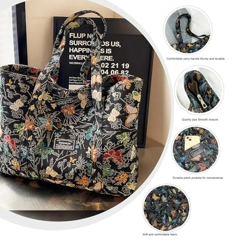 Borsa Donna Grandi Capacità Tote Bag borsa mare con Chiusura Lampo per Lavoro, Viaggi, Shopping, Scuola - Nero miniatura 2