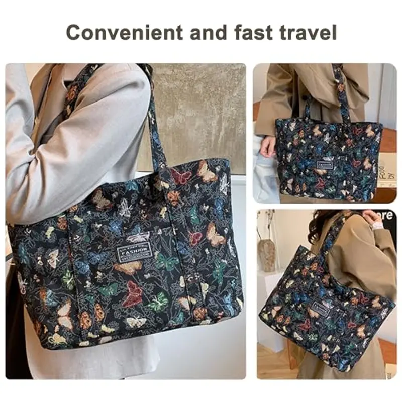 Borsa Donna Grandi Capacità Tote Bag borsa mare con Chiusura Lampo per Lavoro, Viaggi, Shopping, Scuola - Nero miniatura 5