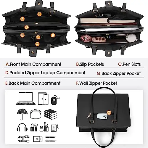 Borsa Donna Università, Tote Bag in Pelle PU, Grande, Lavoro, Porta PC 15.6 Pollici a Spalla Tracolla Nero miniatura 3