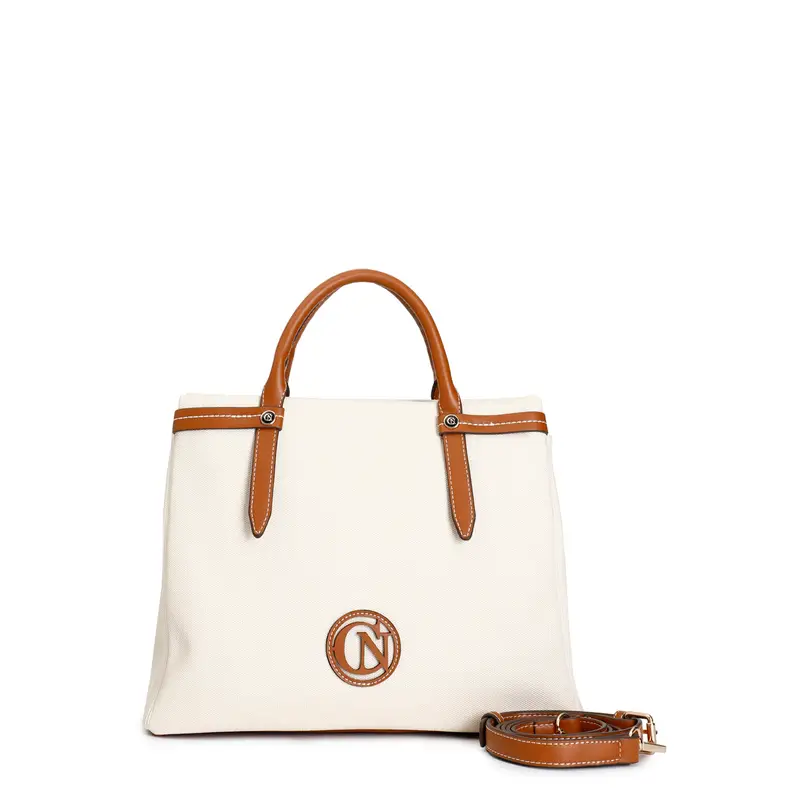 borsa in canvas con manici tubolari, logo a contrasto e tracolla removibile naturale