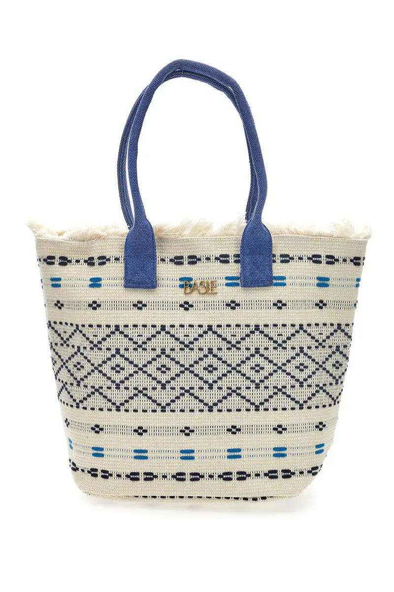 Borsa in tessuto bianco con manici blu e motivo etnico Basile BA24601