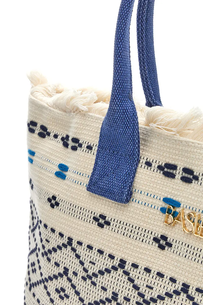Borsa in tessuto bianco con manici blu e motivo etnico Basile BA24601 miniatura 3