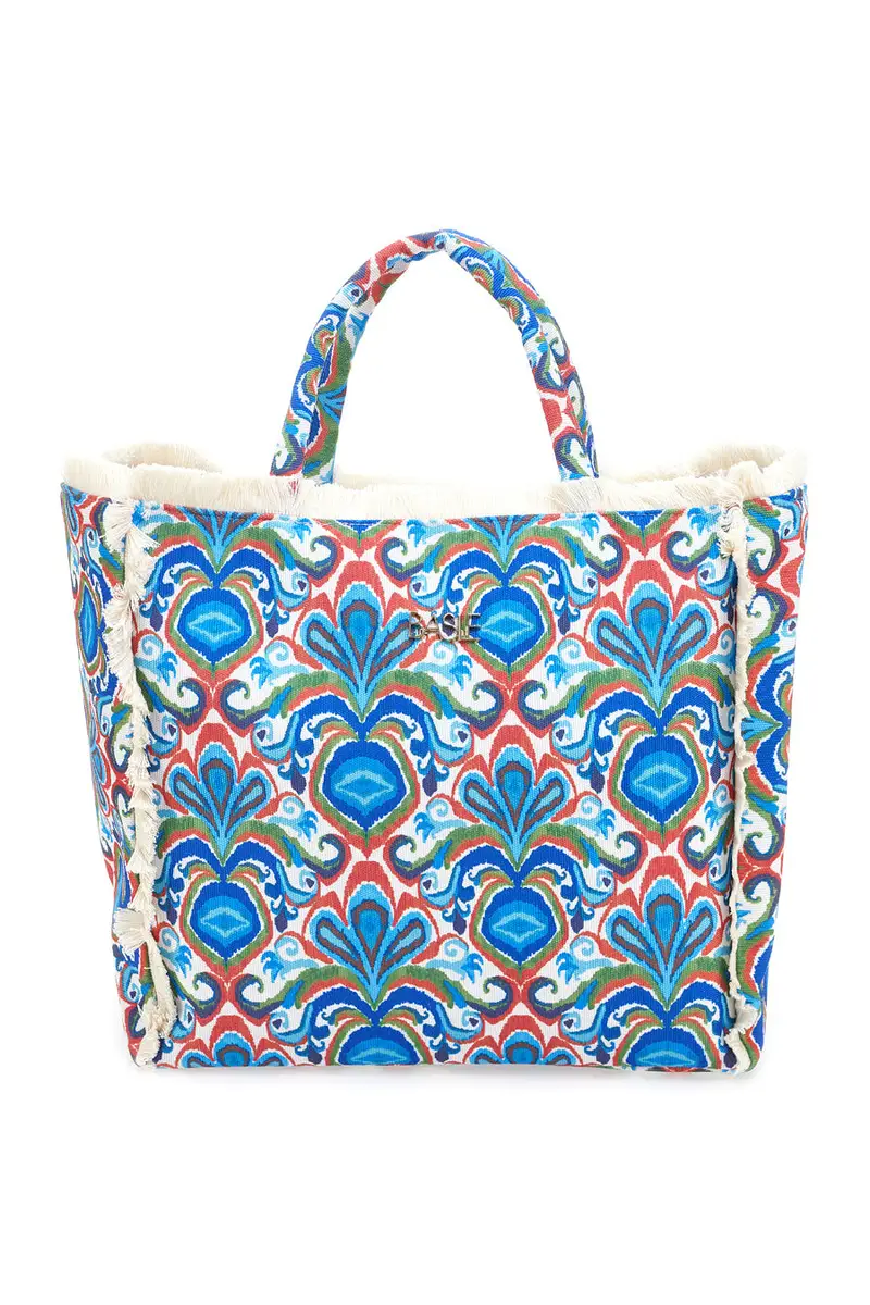 Borsa mare blu con stampa colorata e frange Basile BA23601