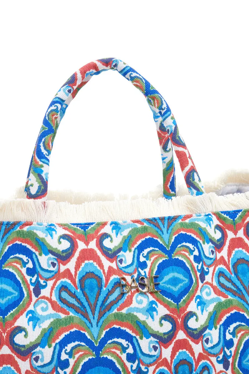 Borsa mare blu con stampa colorata e frange Basile BA23601 miniatura 2
