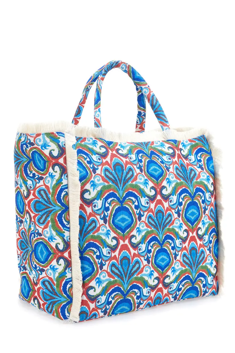 Borsa mare blu con stampa colorata e frange Basile BA23601 miniatura 3