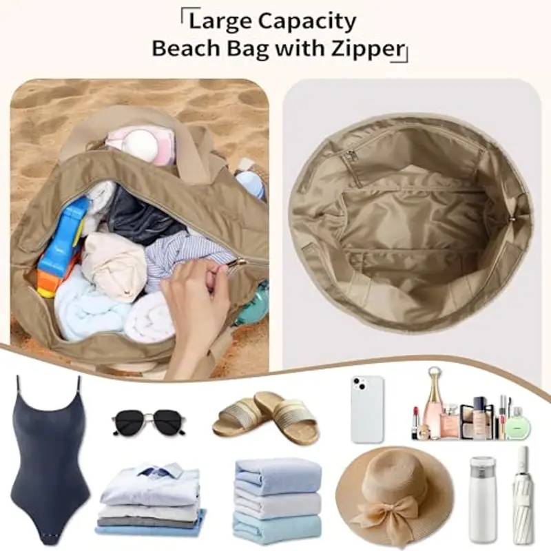 Borsa Mare Grande Donna in Nylon Impermeabile - Borsa da Spiaggia Impermeabile con Rete Tasche, Tote Bag Capiente con Cerniera per Spiaggia, Viaggi e Piscina (Beige) miniatura 2