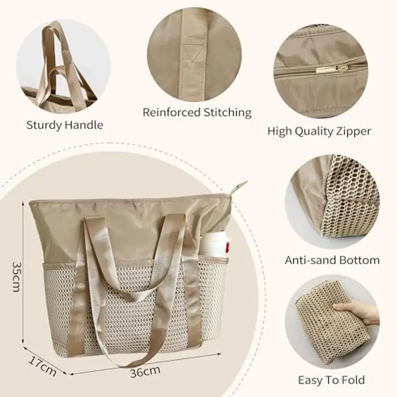 Borsa Mare Grande Donna in Nylon Impermeabile - Borsa da Spiaggia Impermeabile con Rete Tasche, Tote Bag Capiente con Cerniera per Spiaggia, Viaggi e Piscina (Beige) miniatura 3