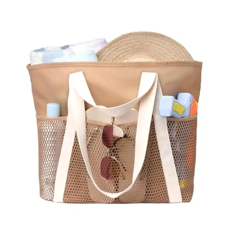 Borsa Mare Grande Donna in Nylon Impermeabile - Borsa da Spiaggia Impermeabile con Rete Tasche, Tote Bag Capiente con Cerniera per Spiaggia, Viaggi e Piscina (Marrone)