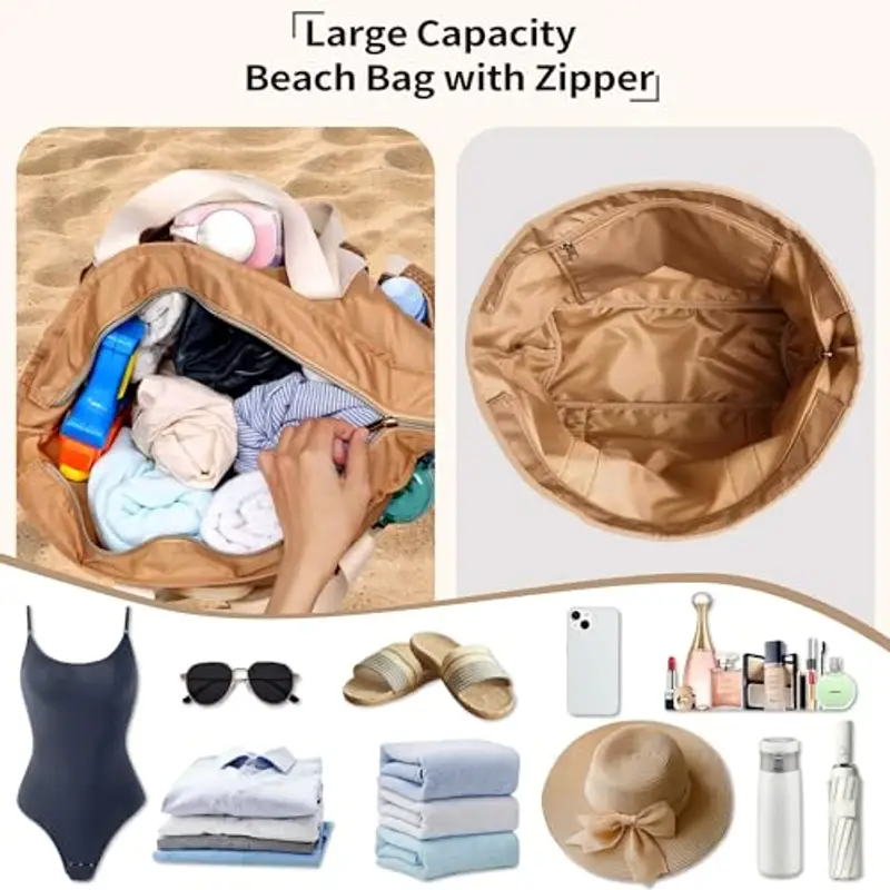 Borsa Mare Grande Donna in Nylon Impermeabile - Borsa da Spiaggia Impermeabile con Rete Tasche, Tote Bag Capiente con Cerniera per Spiaggia, Viaggi e Piscina (Marrone) miniatura 2