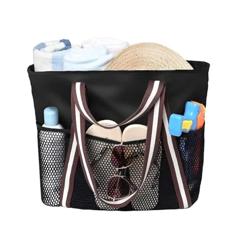 Borsa Mare Grande Donna in Nylon Impermeabile - Borsa da Spiaggia Impermeabile con Rete Tasche, Tote Bag Capiente con Cerniera per Spiaggia, Viaggi e Piscina (Nero)