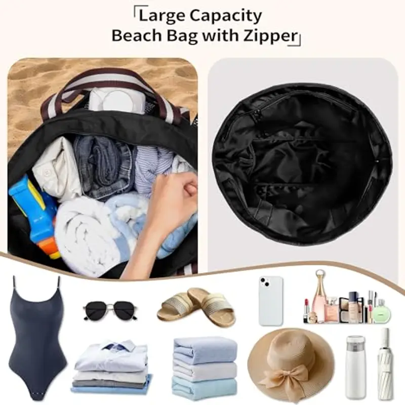 Borsa Mare Grande Donna in Nylon Impermeabile - Borsa da Spiaggia Impermeabile con Rete Tasche, Tote Bag Capiente con Cerniera per Spiaggia, Viaggi e Piscina (Nero) miniatura 2